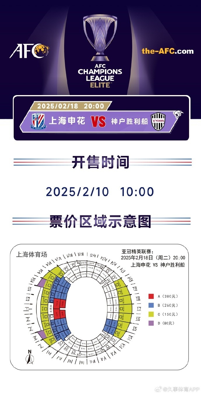  上海申花vs神戶勝利船票務方案：明日開售，票價區(qū)間80元-380元