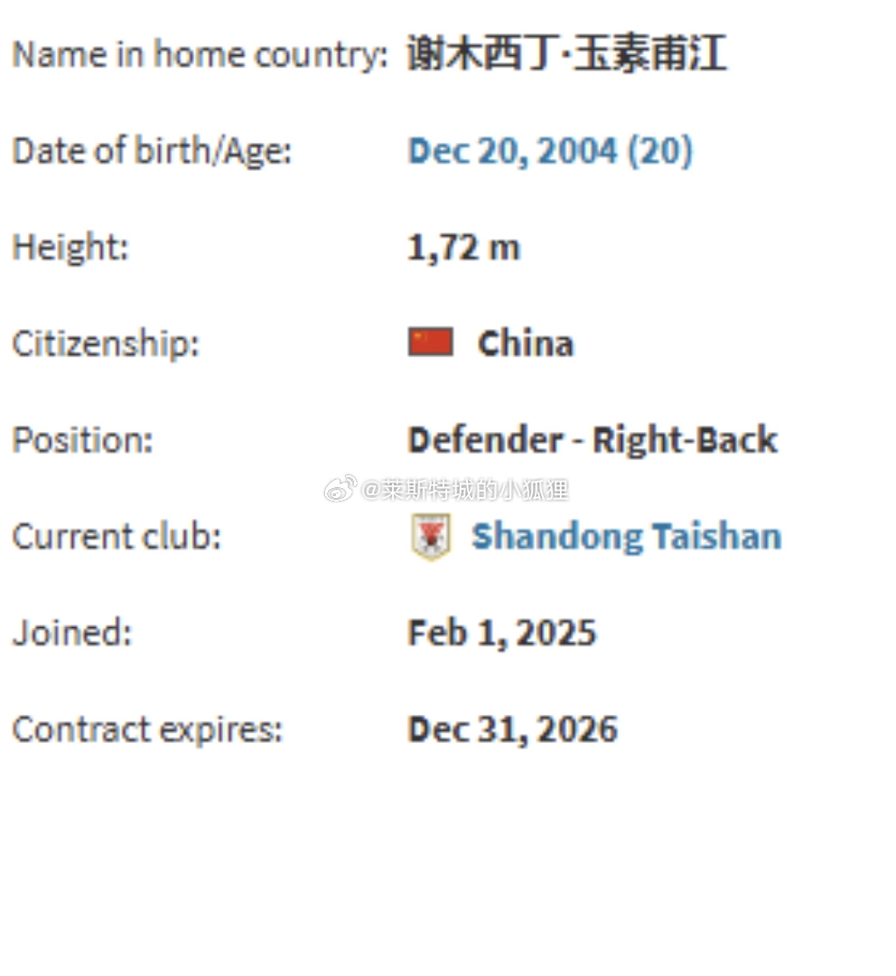  德轉顯示，因年齡造假被禁賽三個月的謝木西丁就是泰山的玉蘇甫