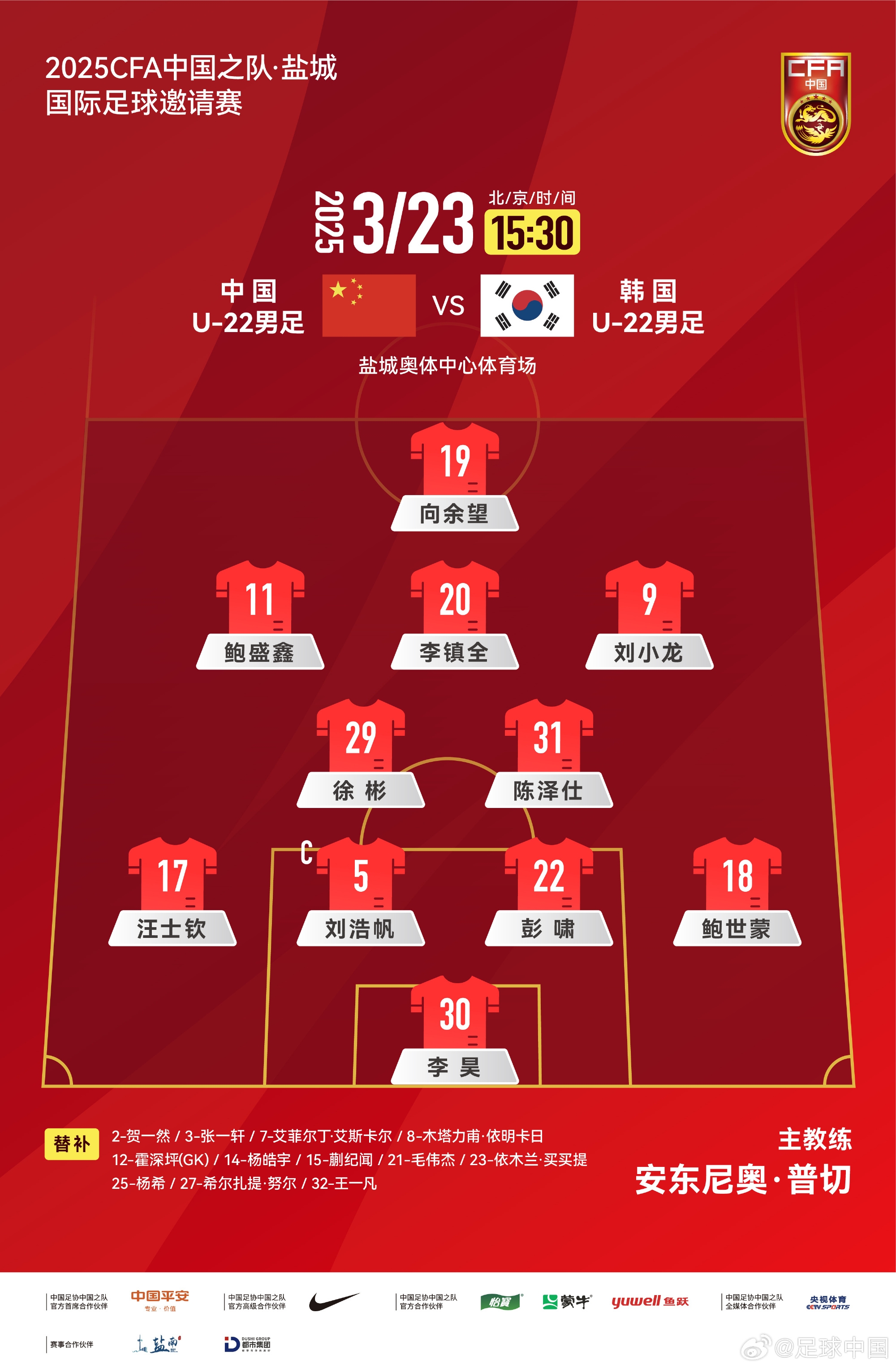  鹽城四國(guó)賽，中國(guó)U-22男足對(duì)陣韓國(guó)U-22男足，中國(guó)隊(duì)首發(fā)陣容